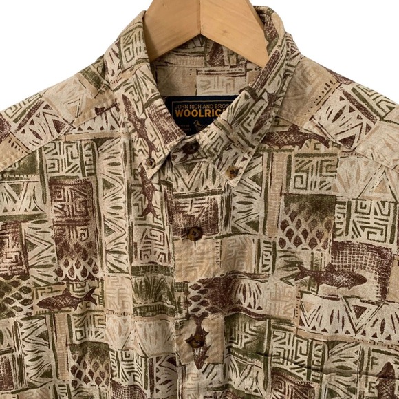Woolrich John Rich Shirt Mens M Short Sleeve Button Cotton Tan Tiki Fish Print - Picture 1 of 6
